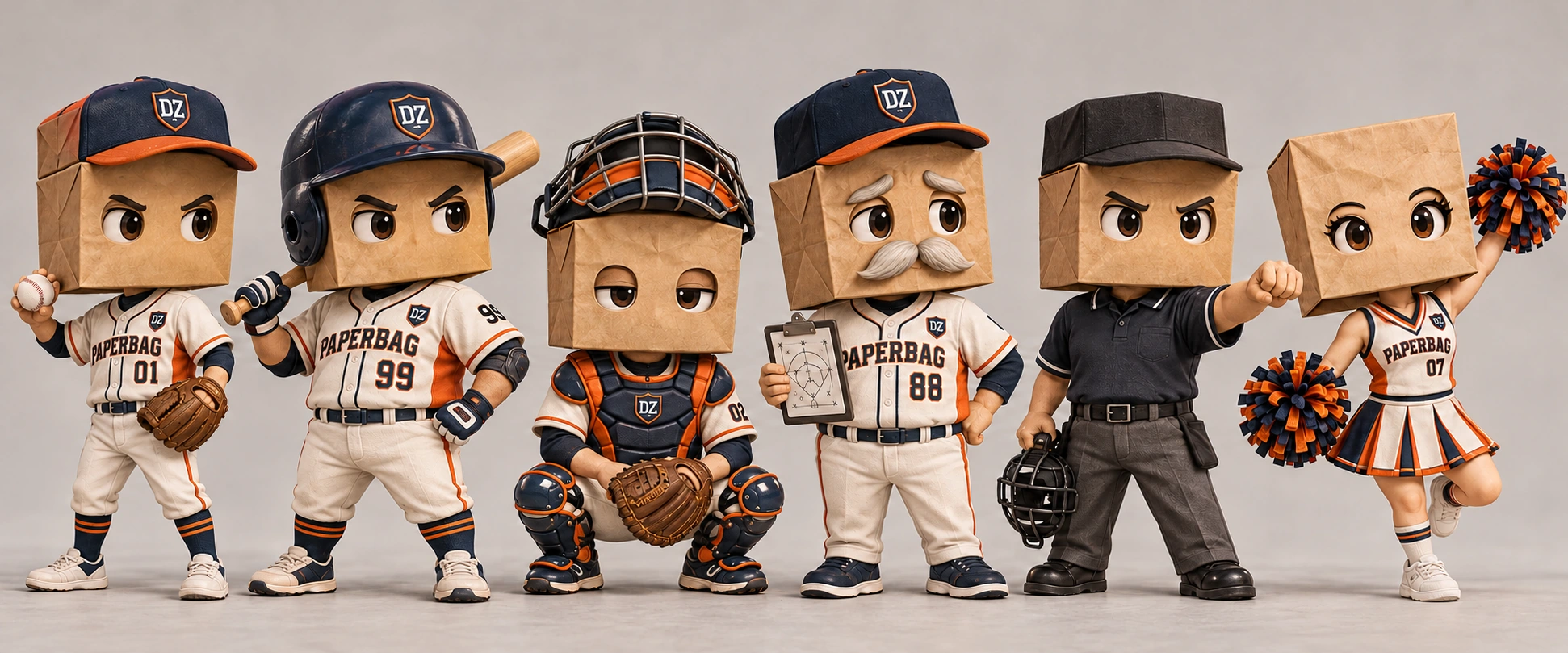 Baseball Crew — A-Zhun, Da-Pao, A-Bu, Lao-Bao, Tie-Mian, Xiao-Qing