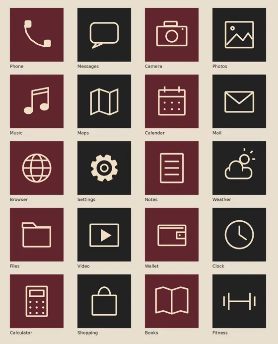 Overview of twenty burgundy and charcoal icons for phone, messages, camera, photos and other everyday apps